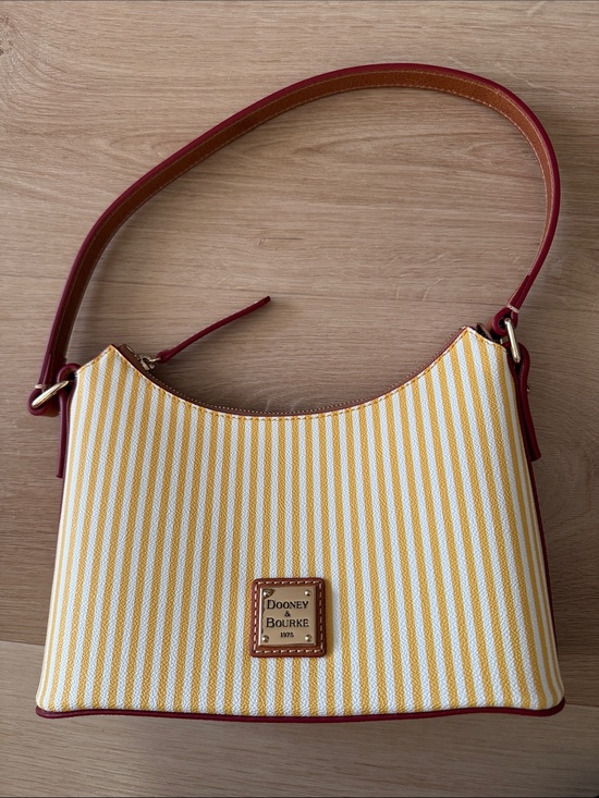 Dooney & Bourke Handbags - Dooney & Bourke Yellow and White Stripe Canvas Shoulder Bag with Red Trim